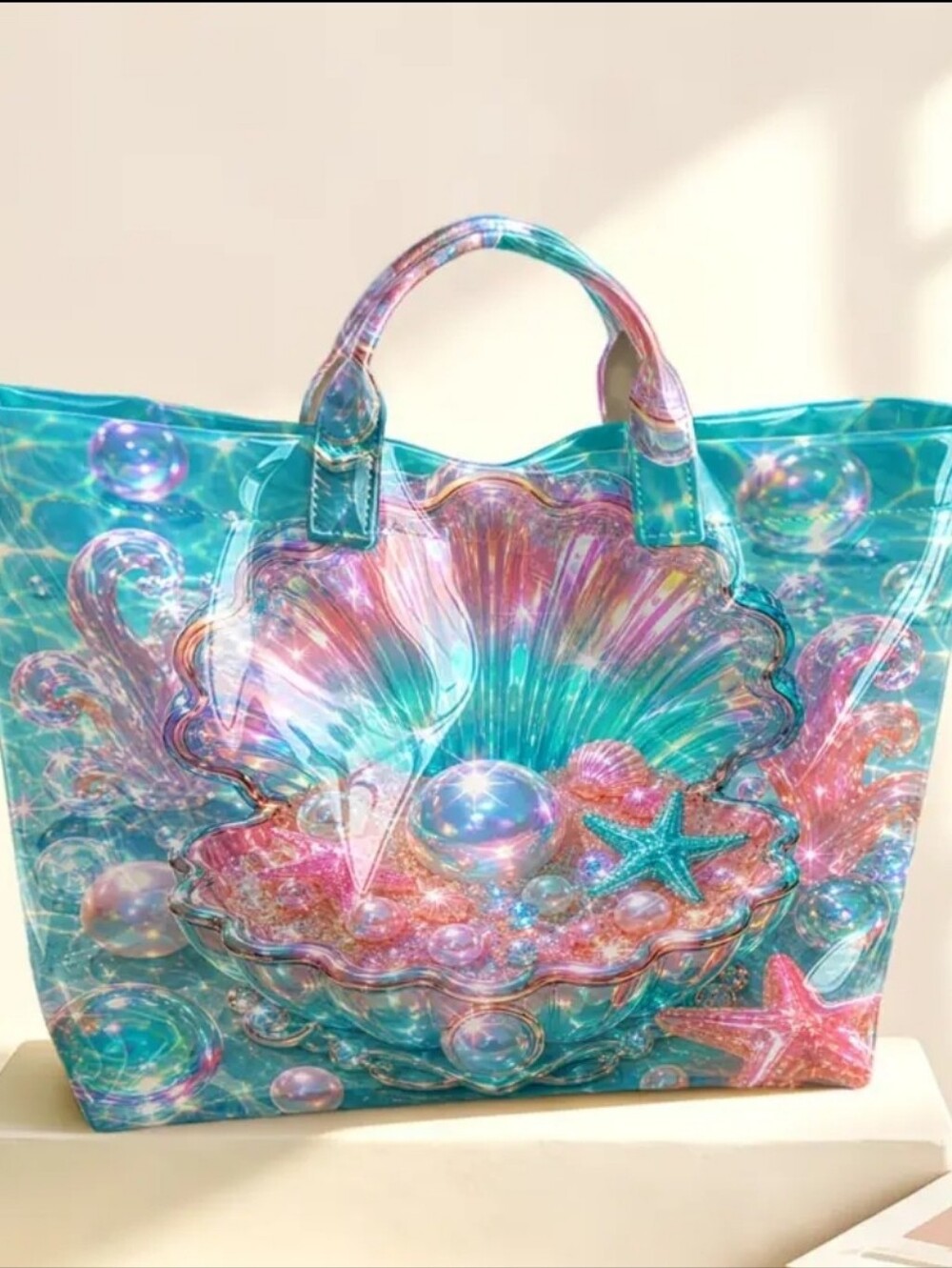 Women Seashell Pearl Daily Commute Irridescent Tote Hand Bag Large PVC